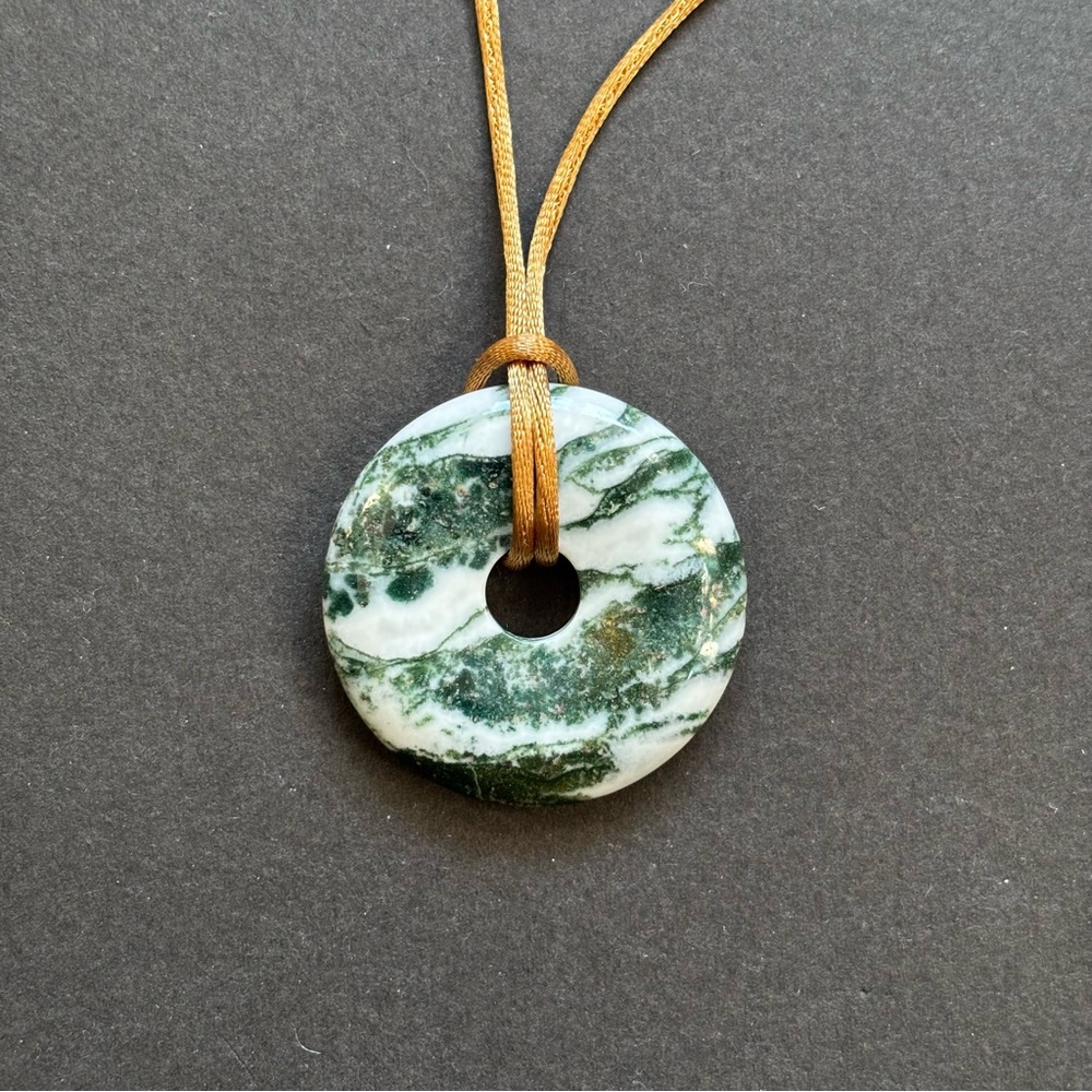 Handmade Moss Agate Round Pendant Necklace | Adjustable | Boho Gemstone Jewelry - Picture 3 of 5